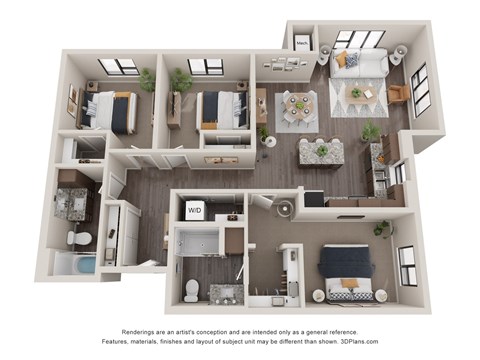 Floor plan for 3 beds, 2 baths, 1348 sqft